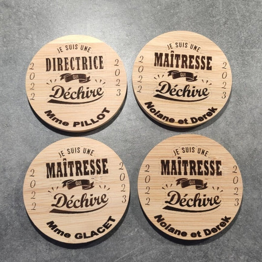 Dessous de verres sur mesure en bois pour Directrice, Maîtresse, Maîtres d'école