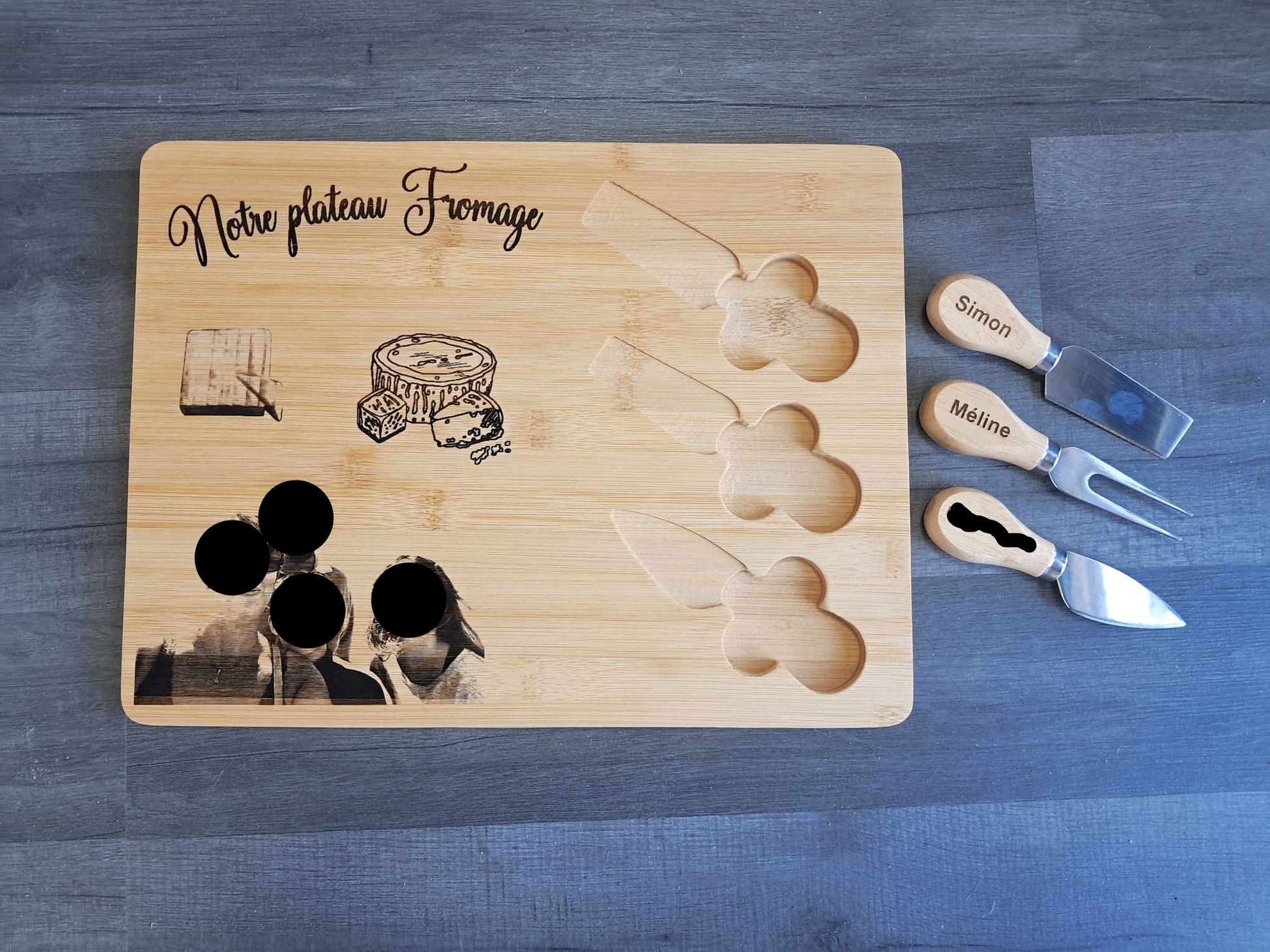 Couteaux de service et plateau fromage en bois sur mesure