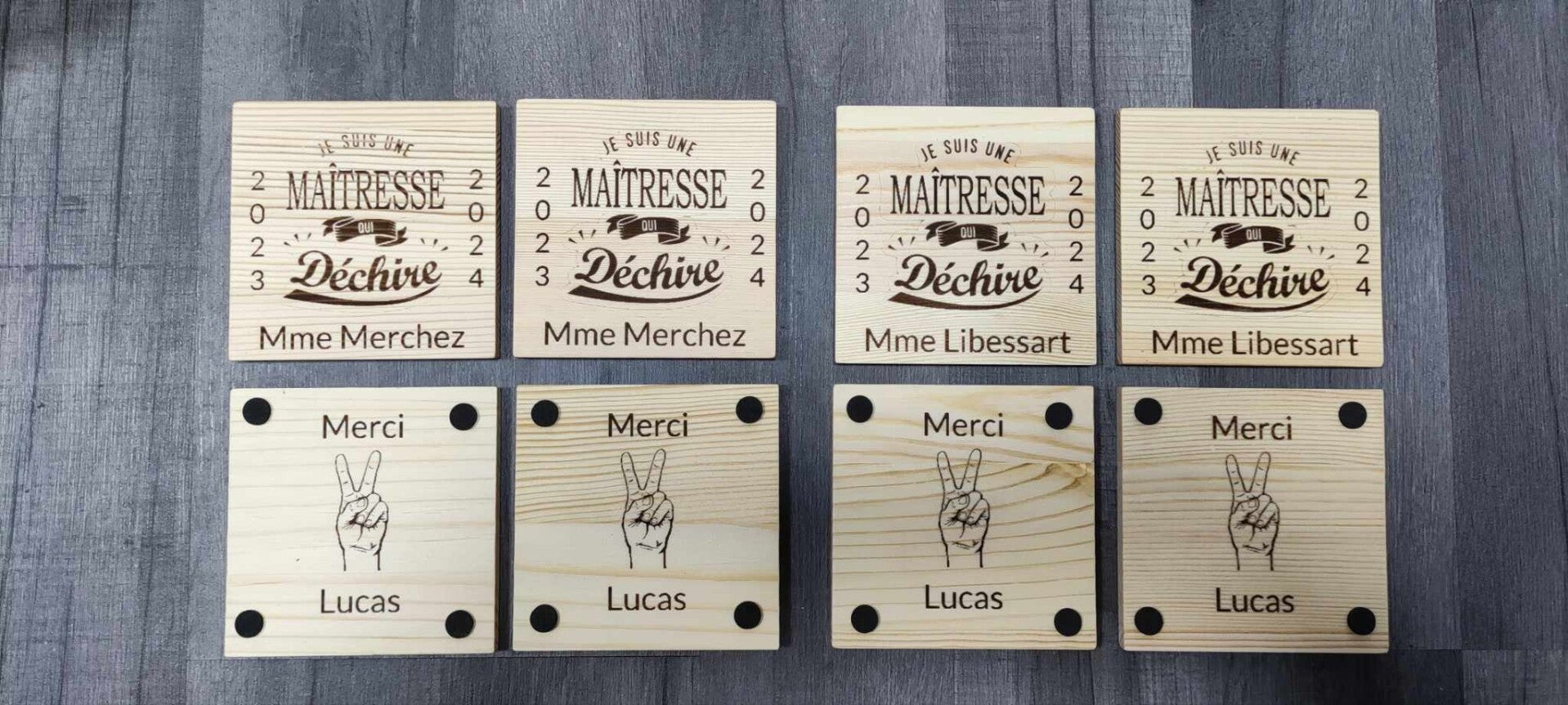 Dessous de verre avec message remerciement merci cadeau fin d'année scolaire en bois