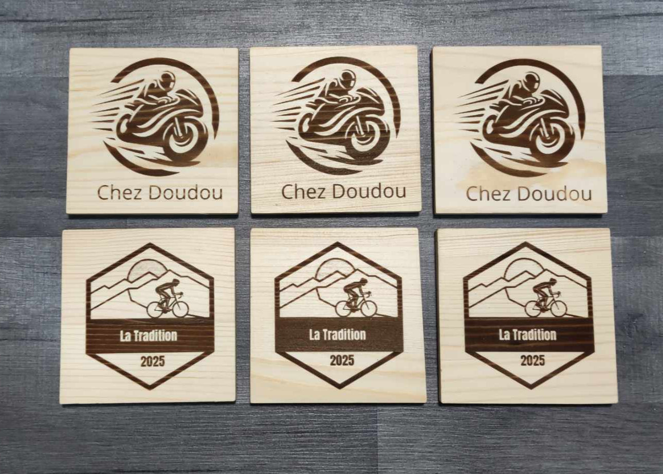 Sous verres en bois sur mesure moto, vélo cadeau apéro