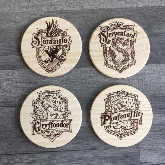 Dessous de verre harry potter en bois sur mesure maison Serdaigle, Serpentard, Gryffondor et Poufsouffle