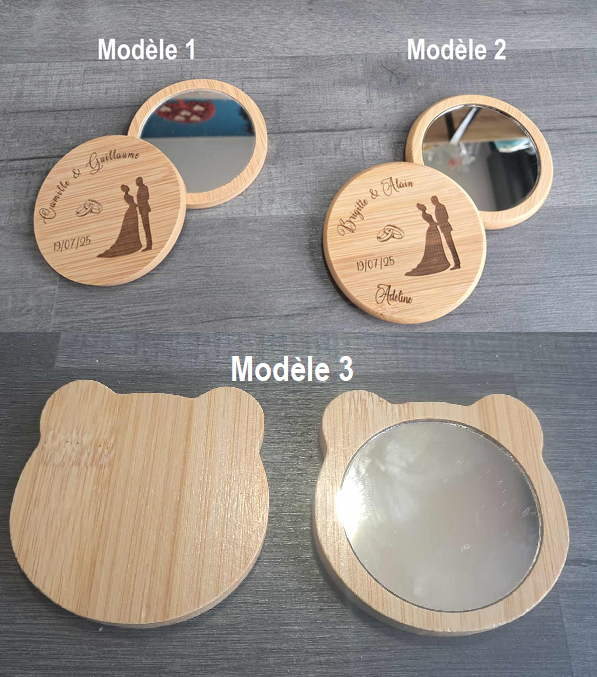 3 modèles de miroir de poche en bois avec gravure