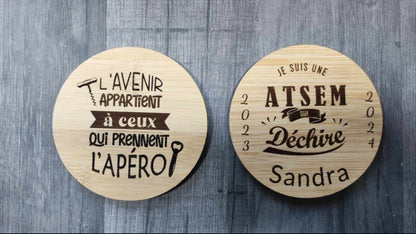 Sous verres personnalisé en bois pour ATSEM apéro