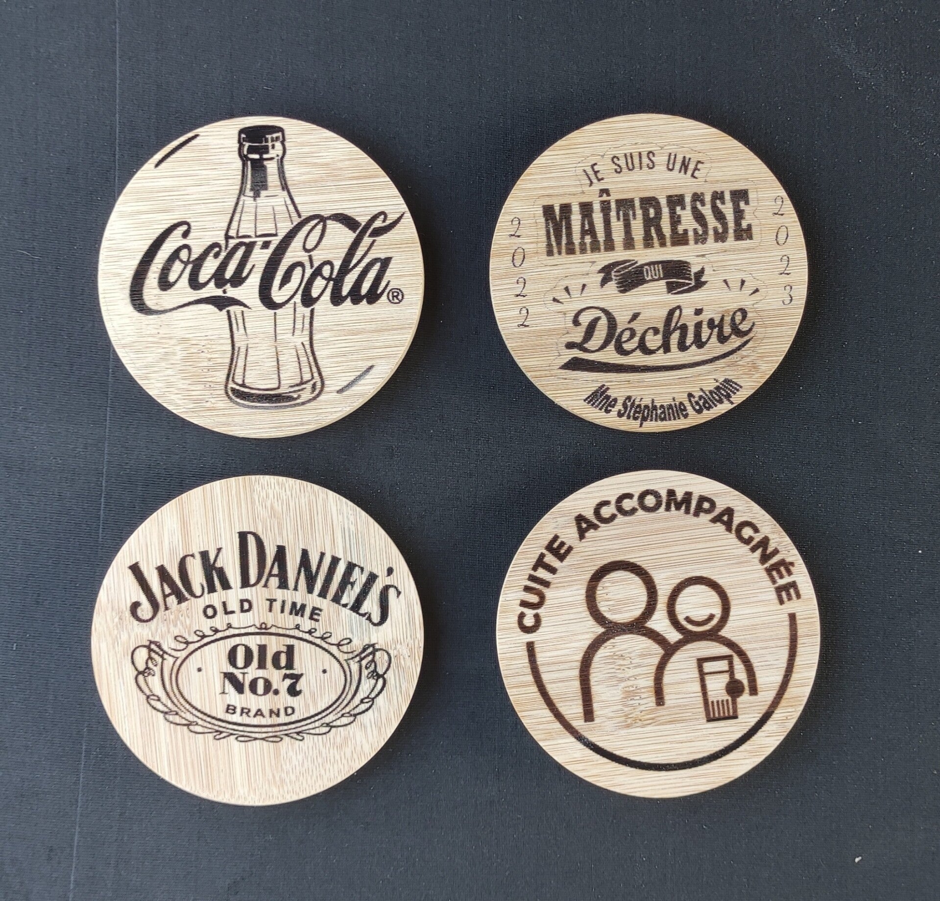 Sous verres personnalisé en bois Coca Cola, Jack Daniel's