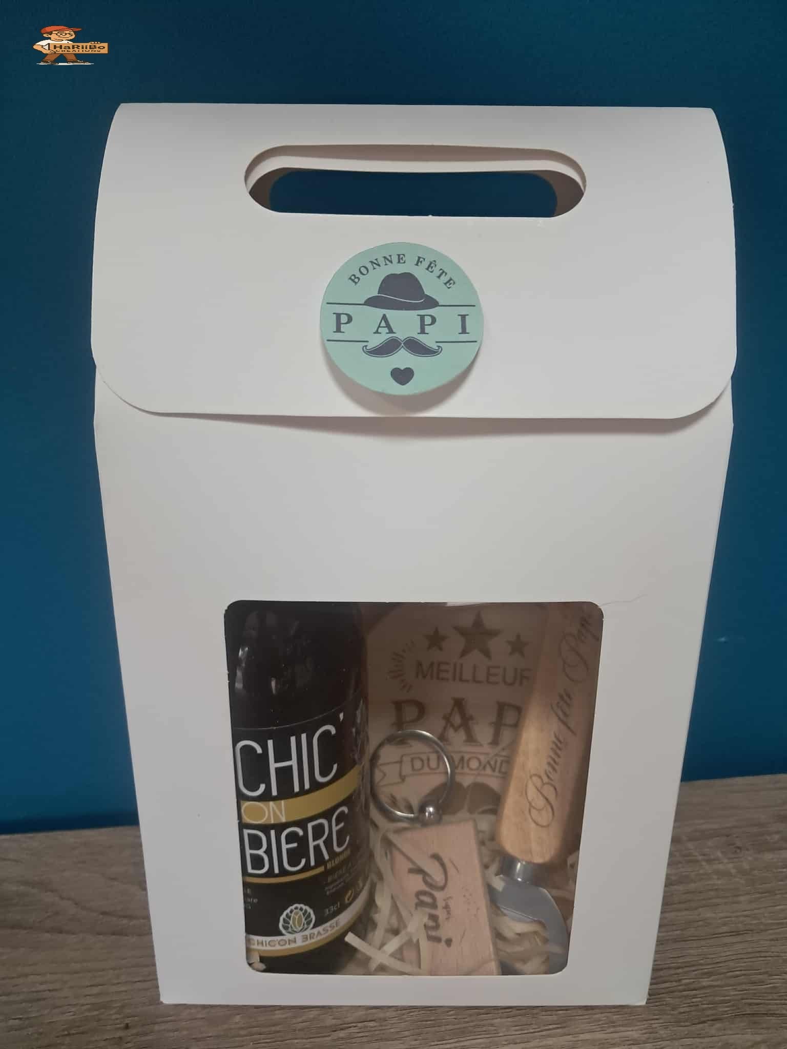 Coffret fete papi decapsuleur dessous de verre porte clé