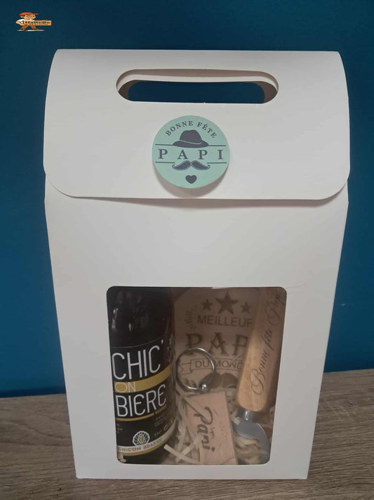 Coffret fete papi decapsuleur dessous de verre porte clé