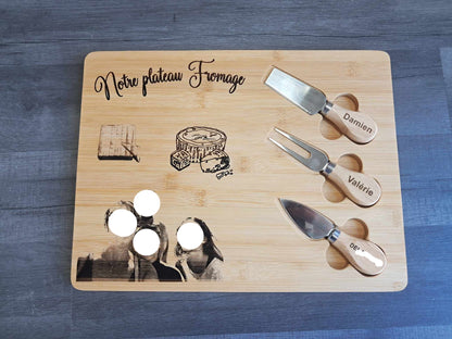 Plateau personnalisable en bois fromage avec couteaux